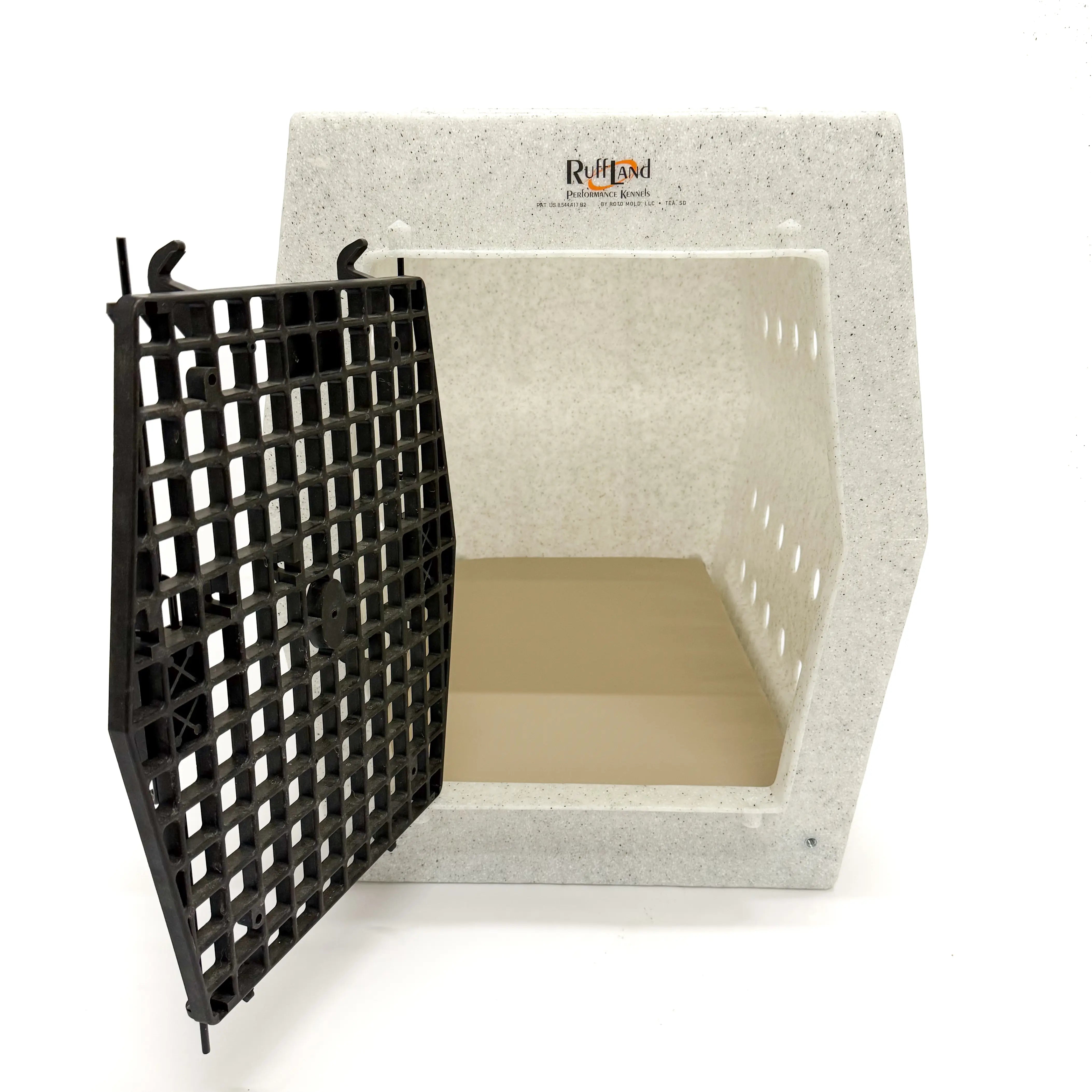 Dog crate with crate pad with an open door on a white background