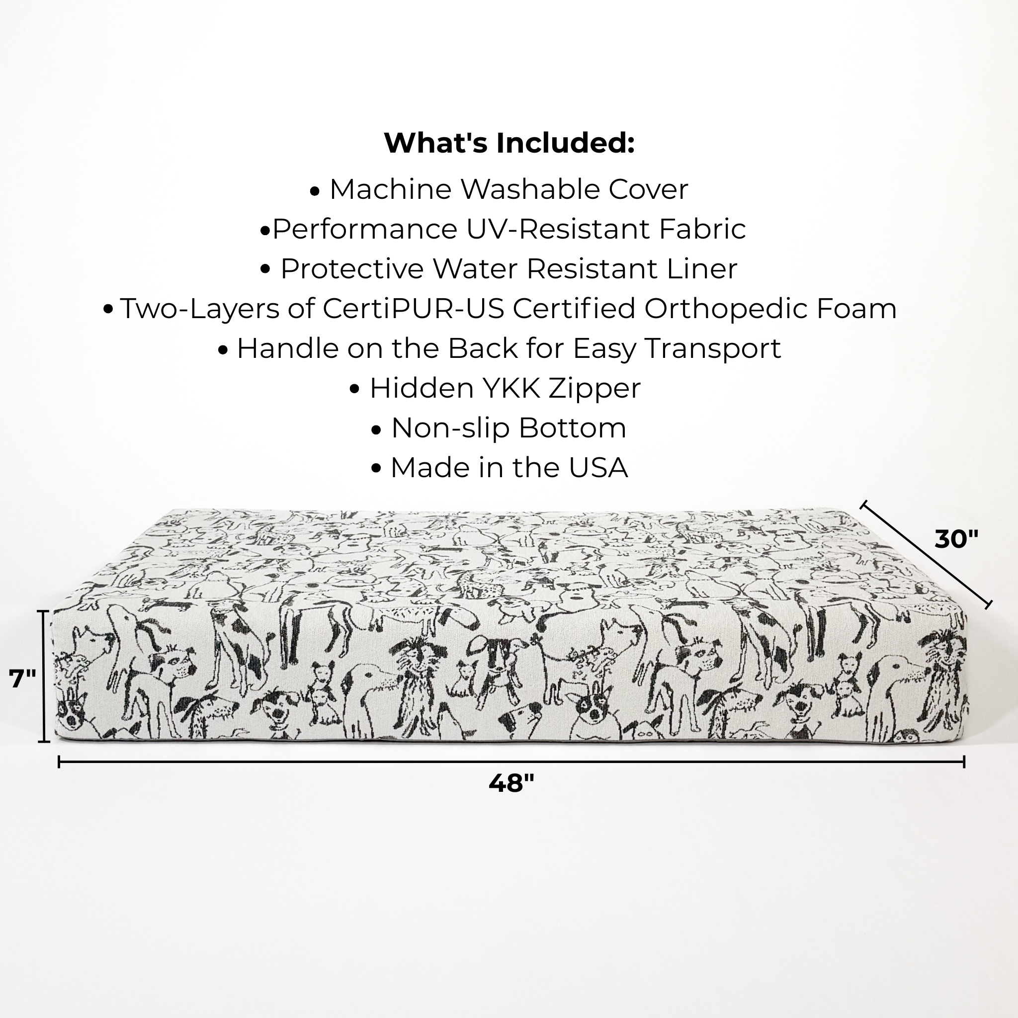 Cushion bed with dimensions and whats included information.
