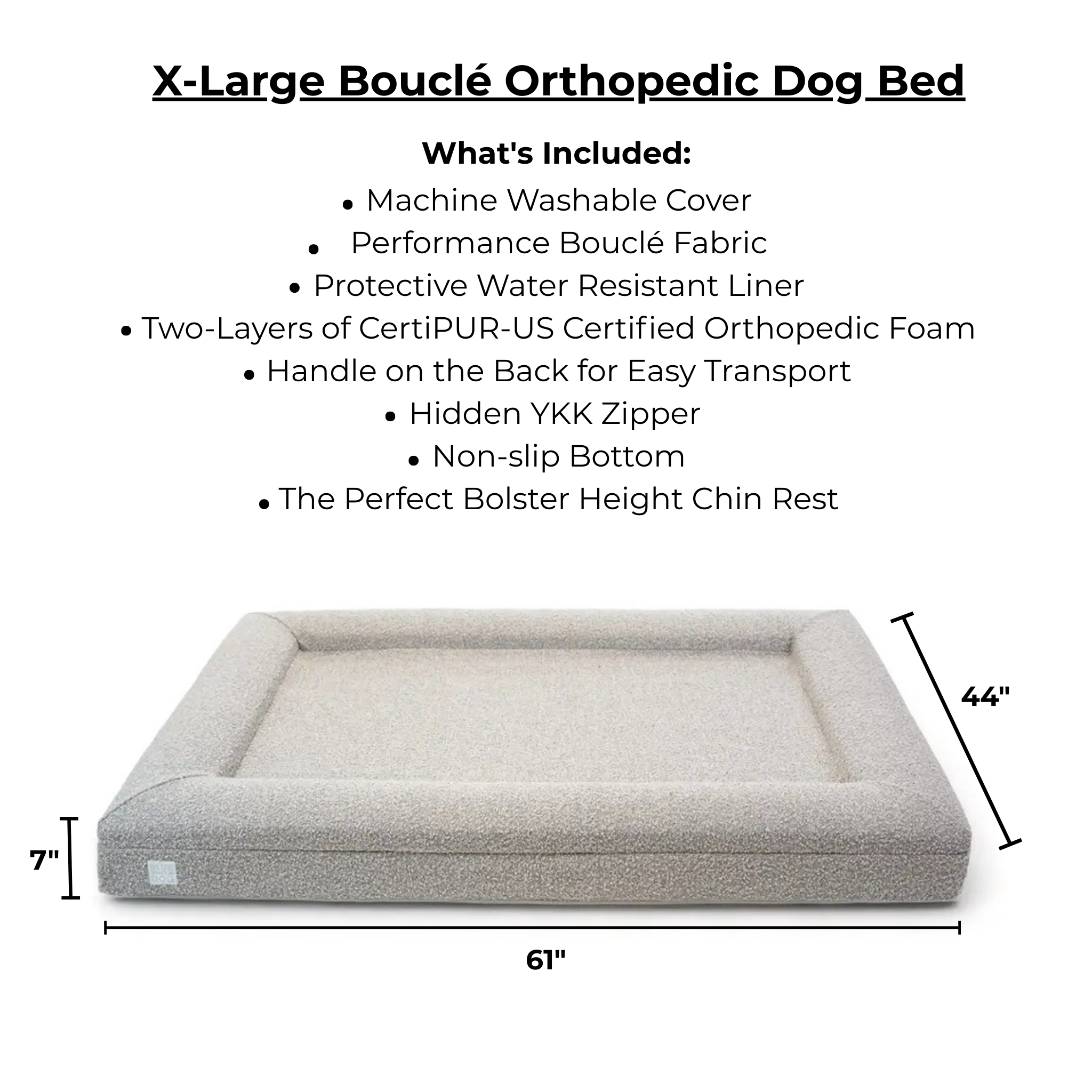 X-Large Bouçlé Orthopedic Dog Bed with dimensions and features listed on a white background