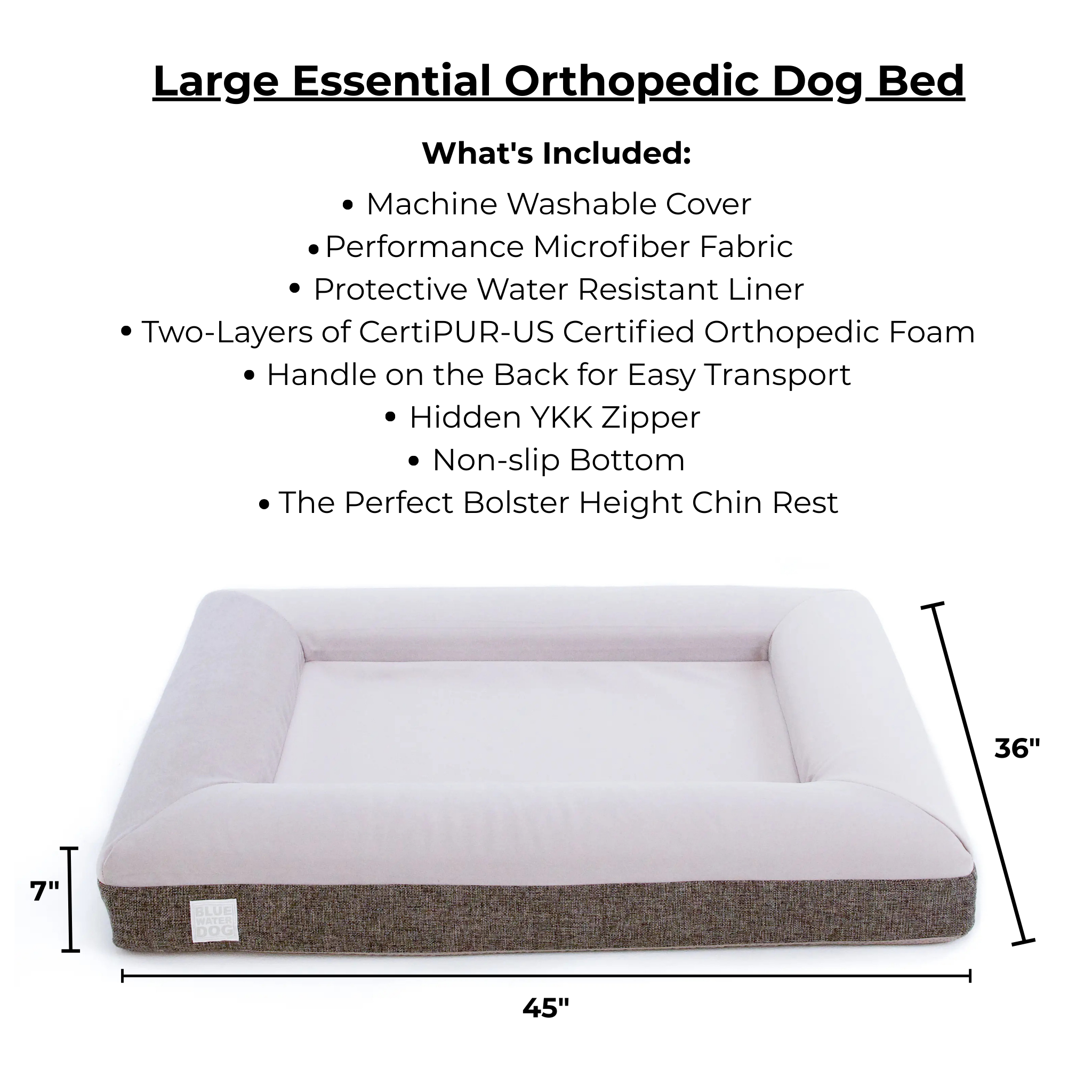 Large essential orthopedic dog bed with specifications on a white background
