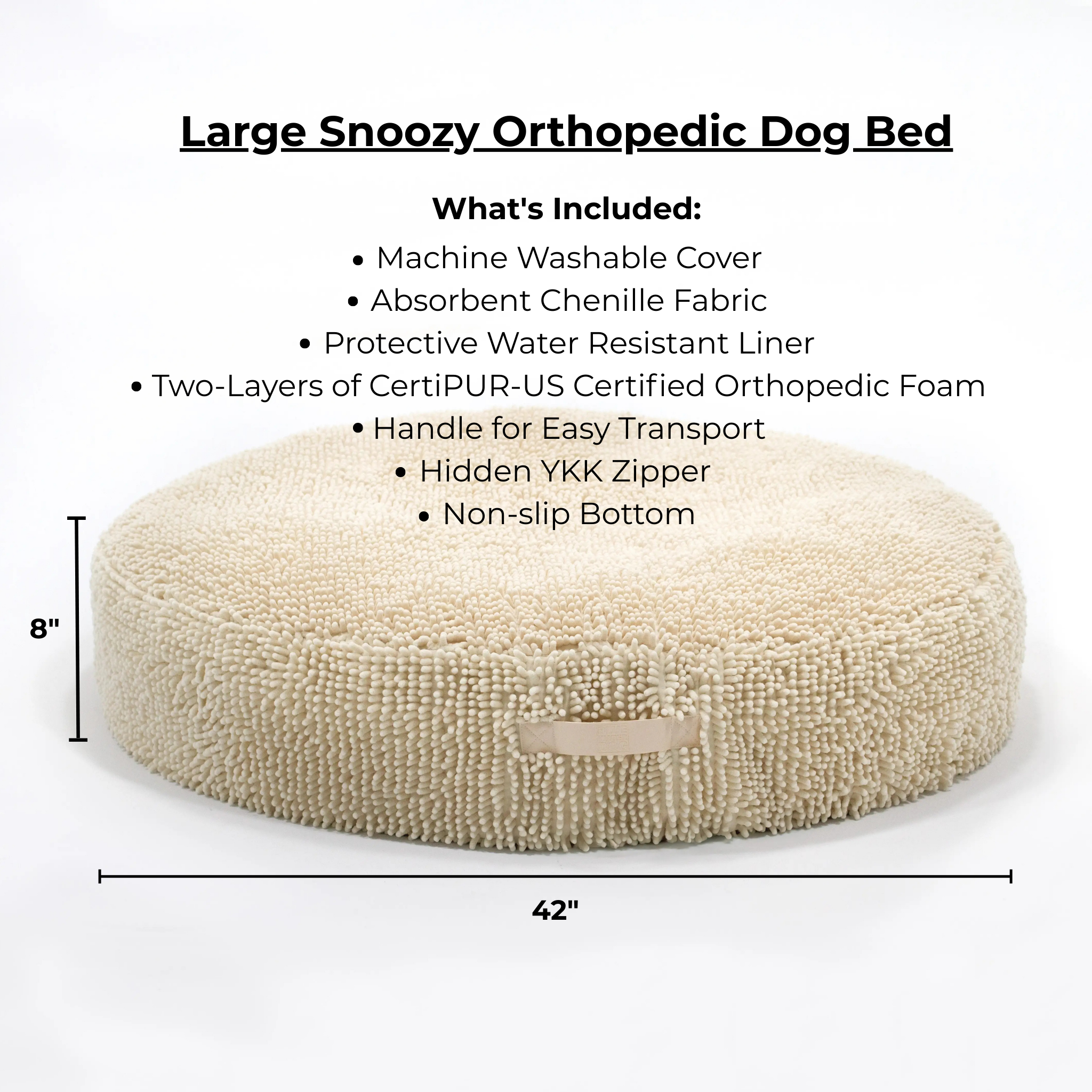 Large Snoozy Orthopedic Dog Bed with dimensions and features listed on a white background