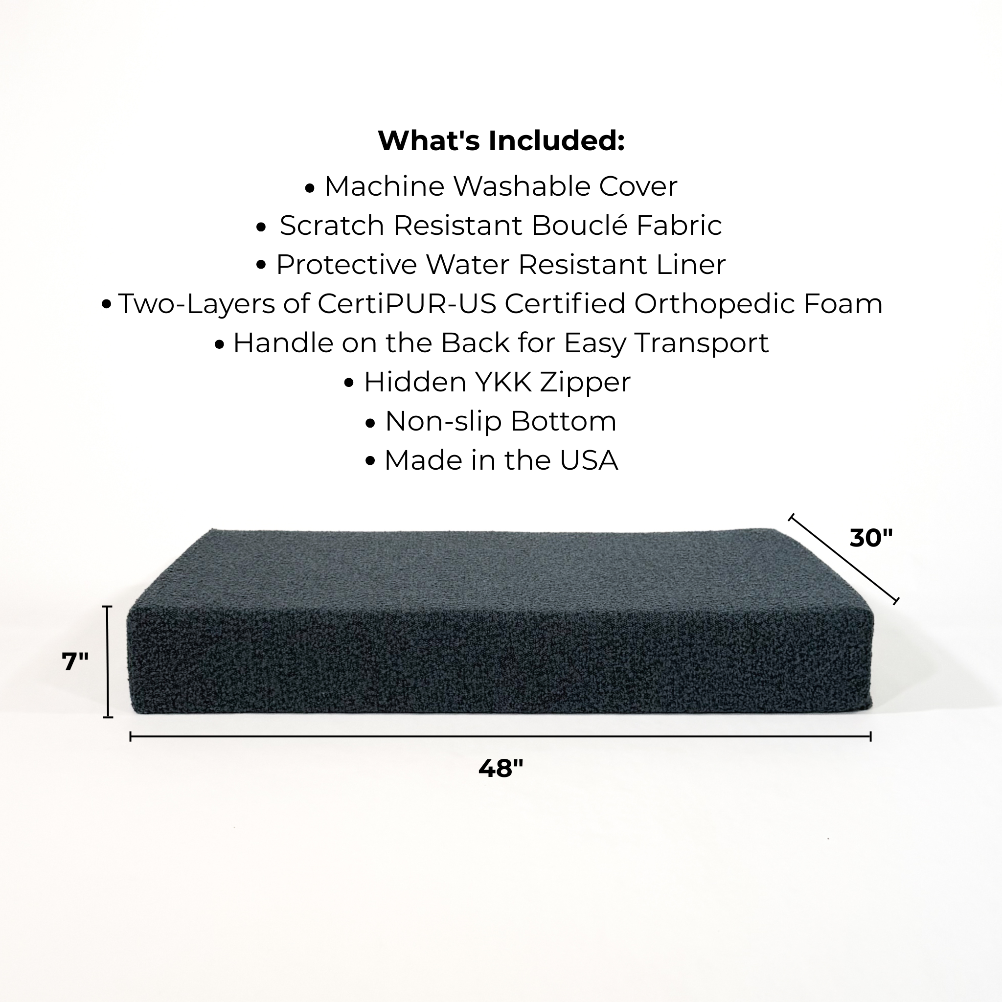 Cushion dog bed with dimensions and features listed on a white background