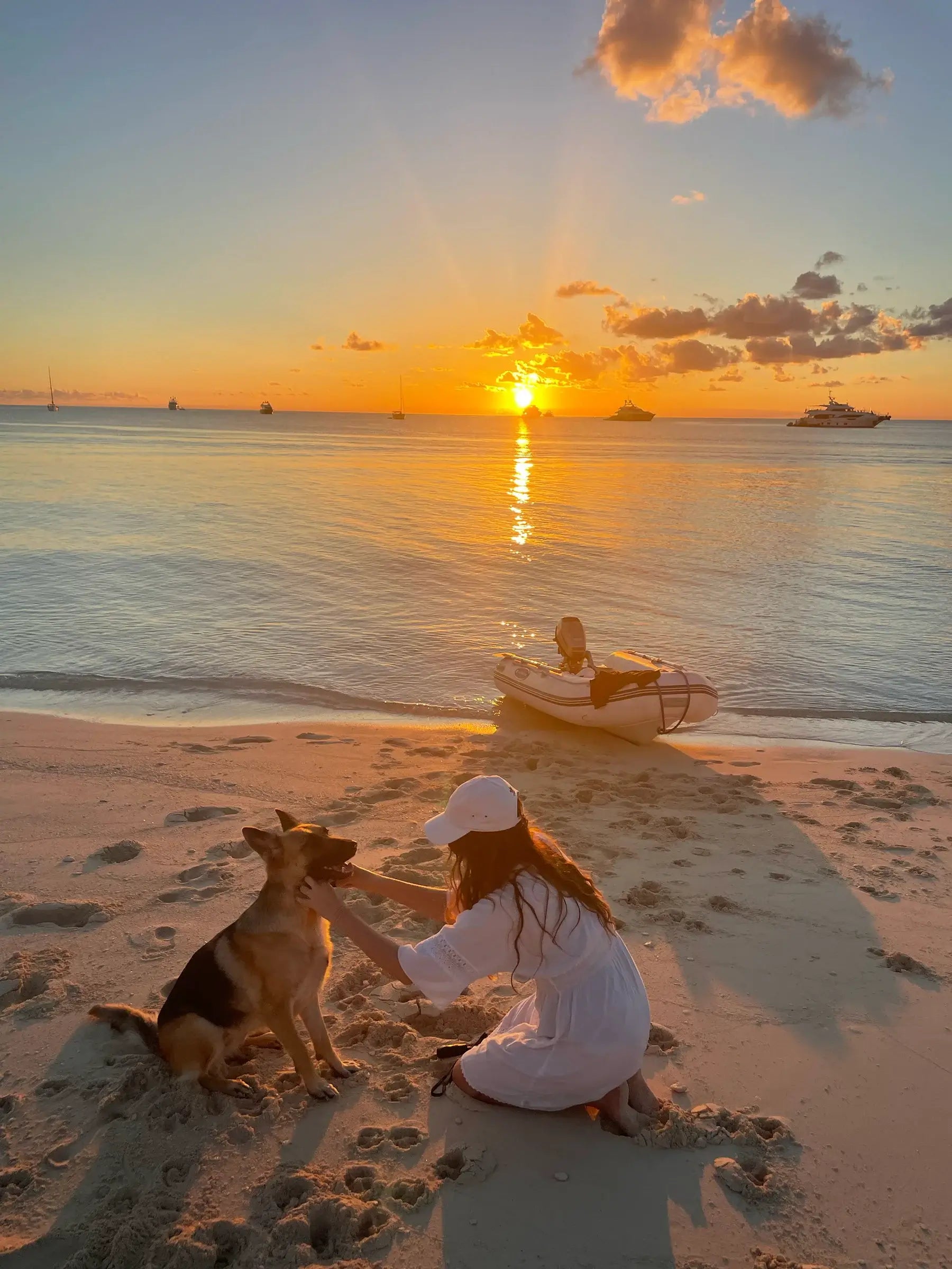 German Shepherd and founder Leah on the beach at sunset.