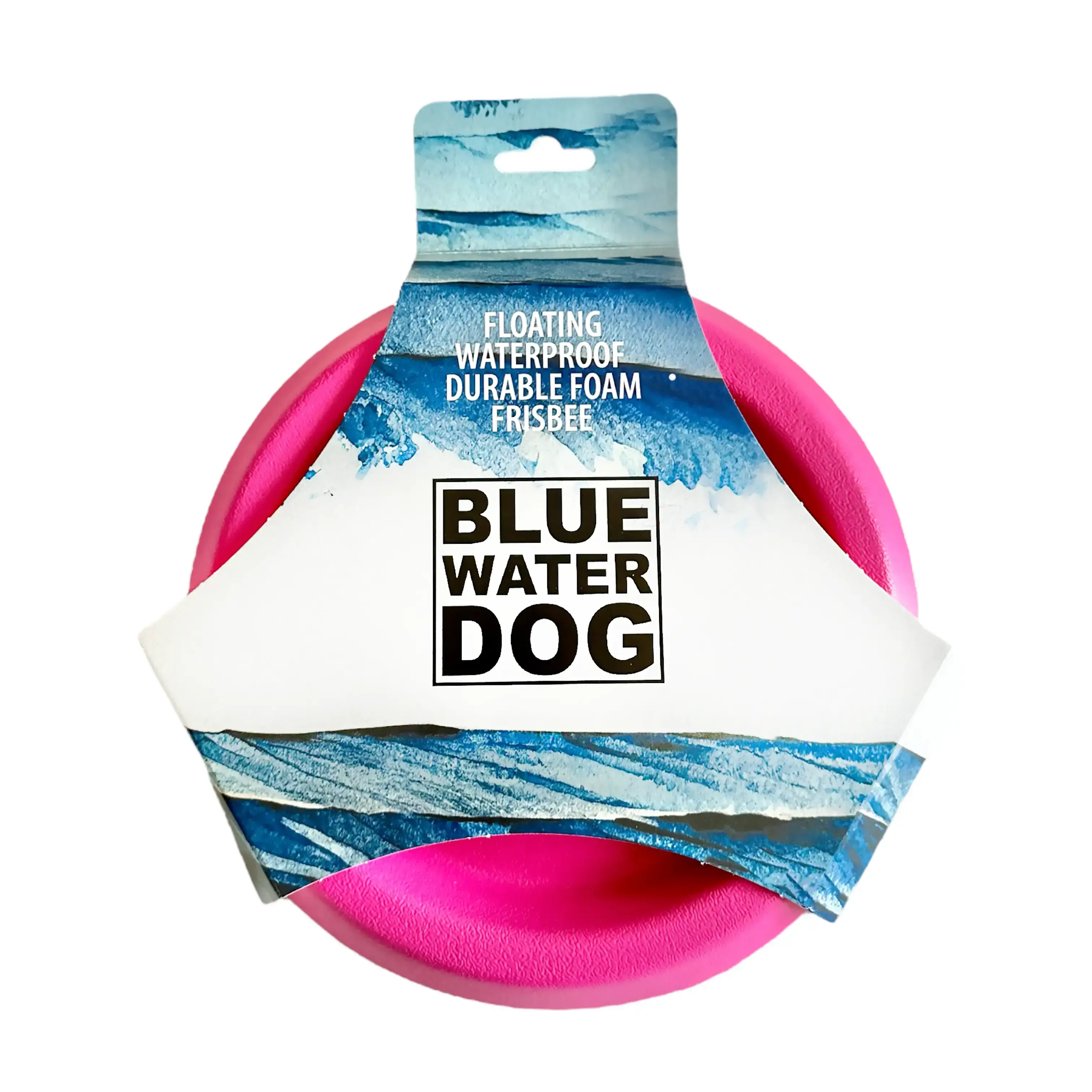 Pink Bluewater Dog frisbee in it's product packaging.