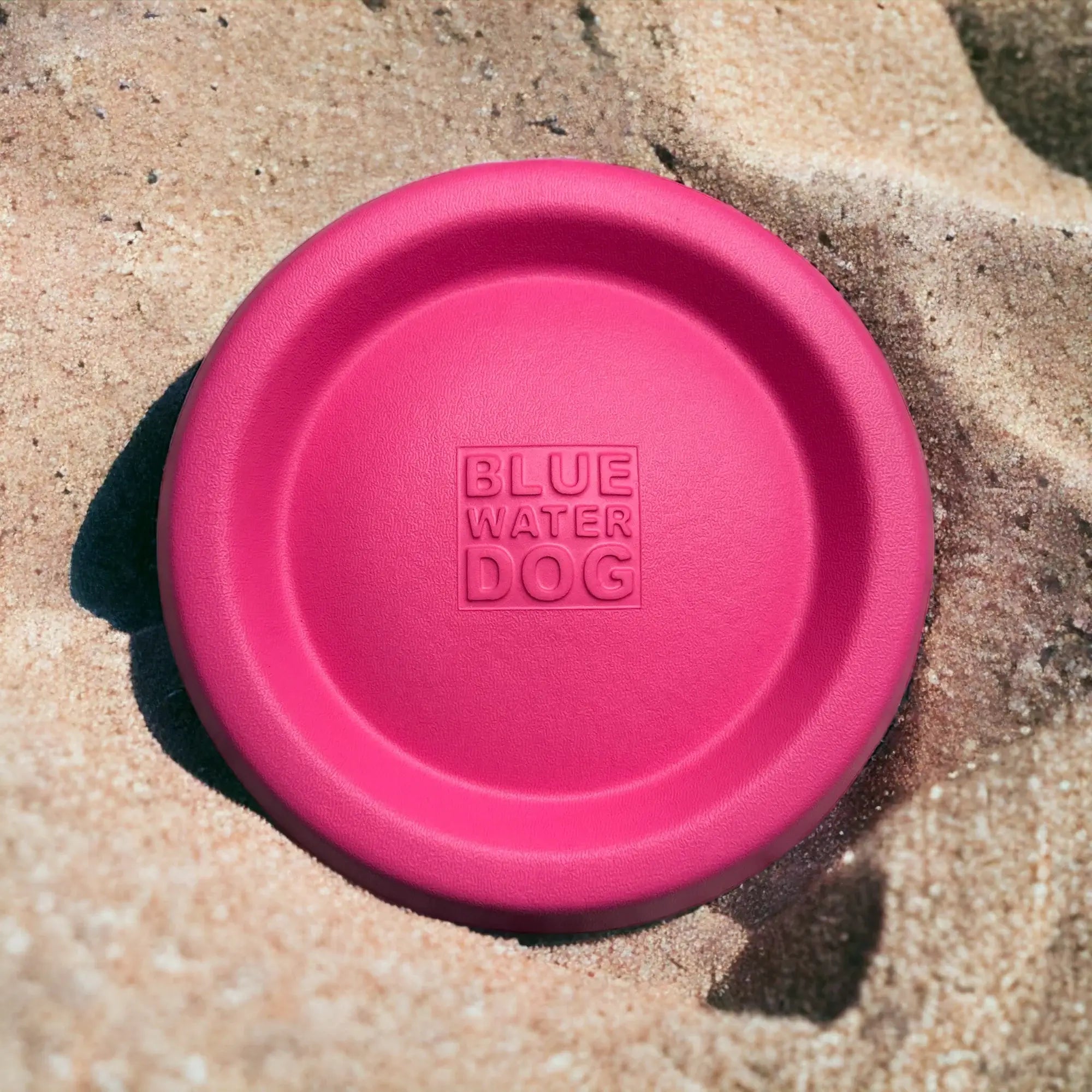 Pink dog frisbee laying in the sand.