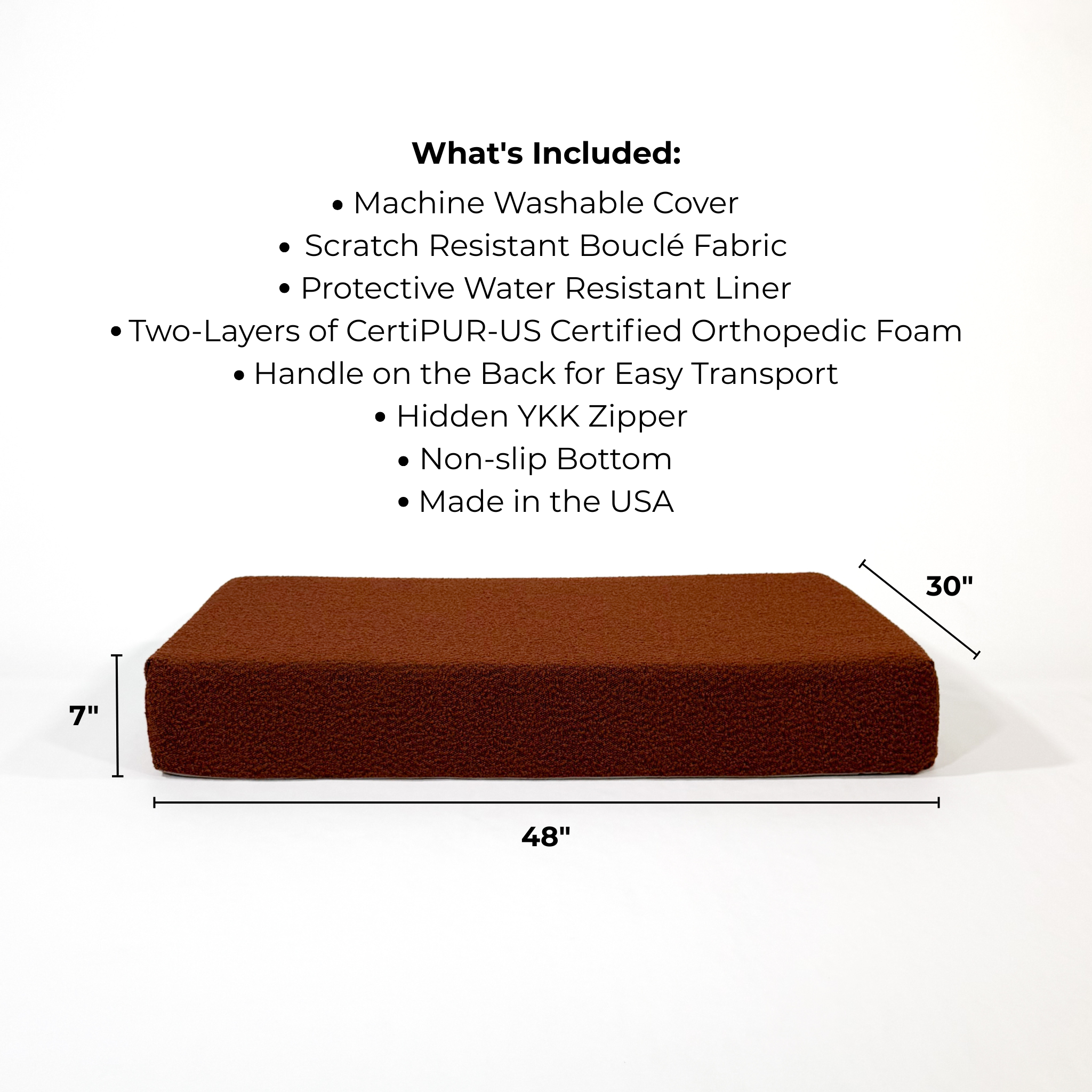 Cushion dog bed with dimensions and features listed on a white background