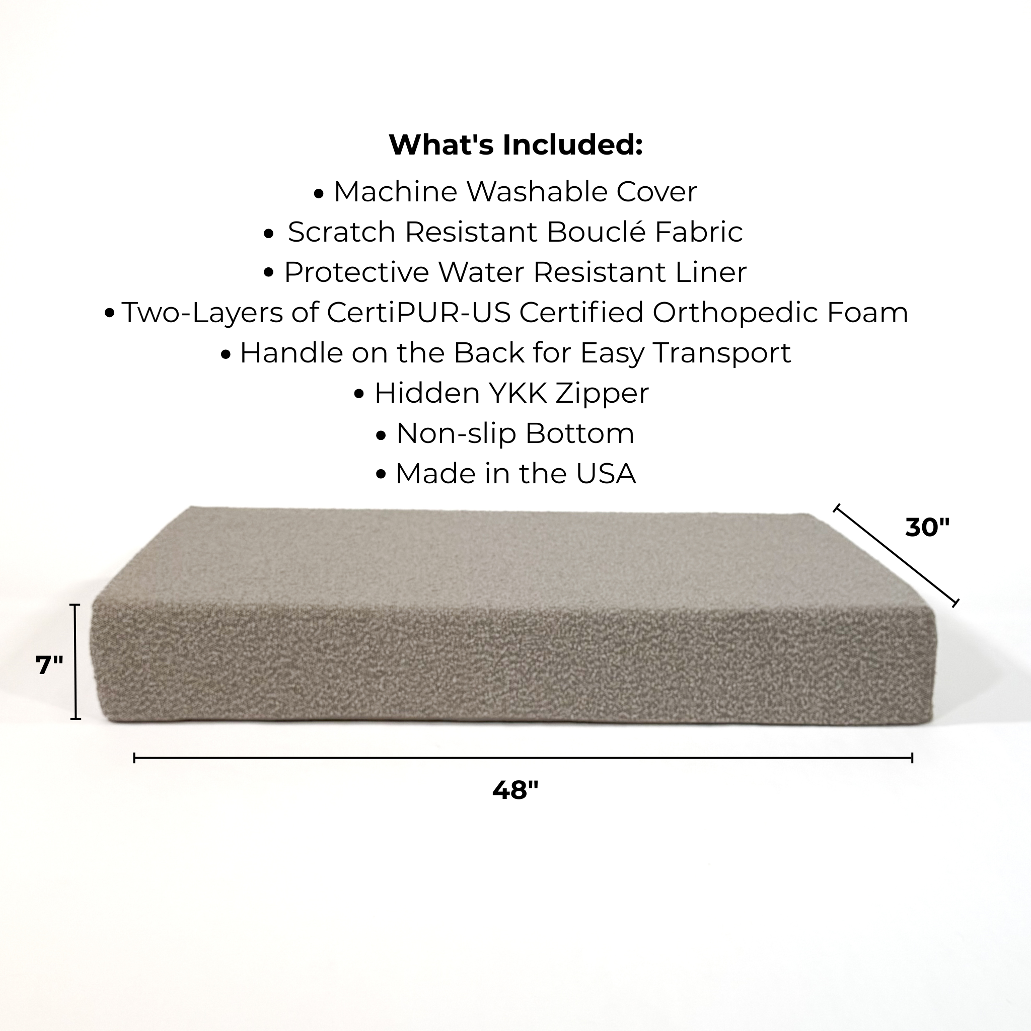 Cushion bed on white background with information describing what is included.