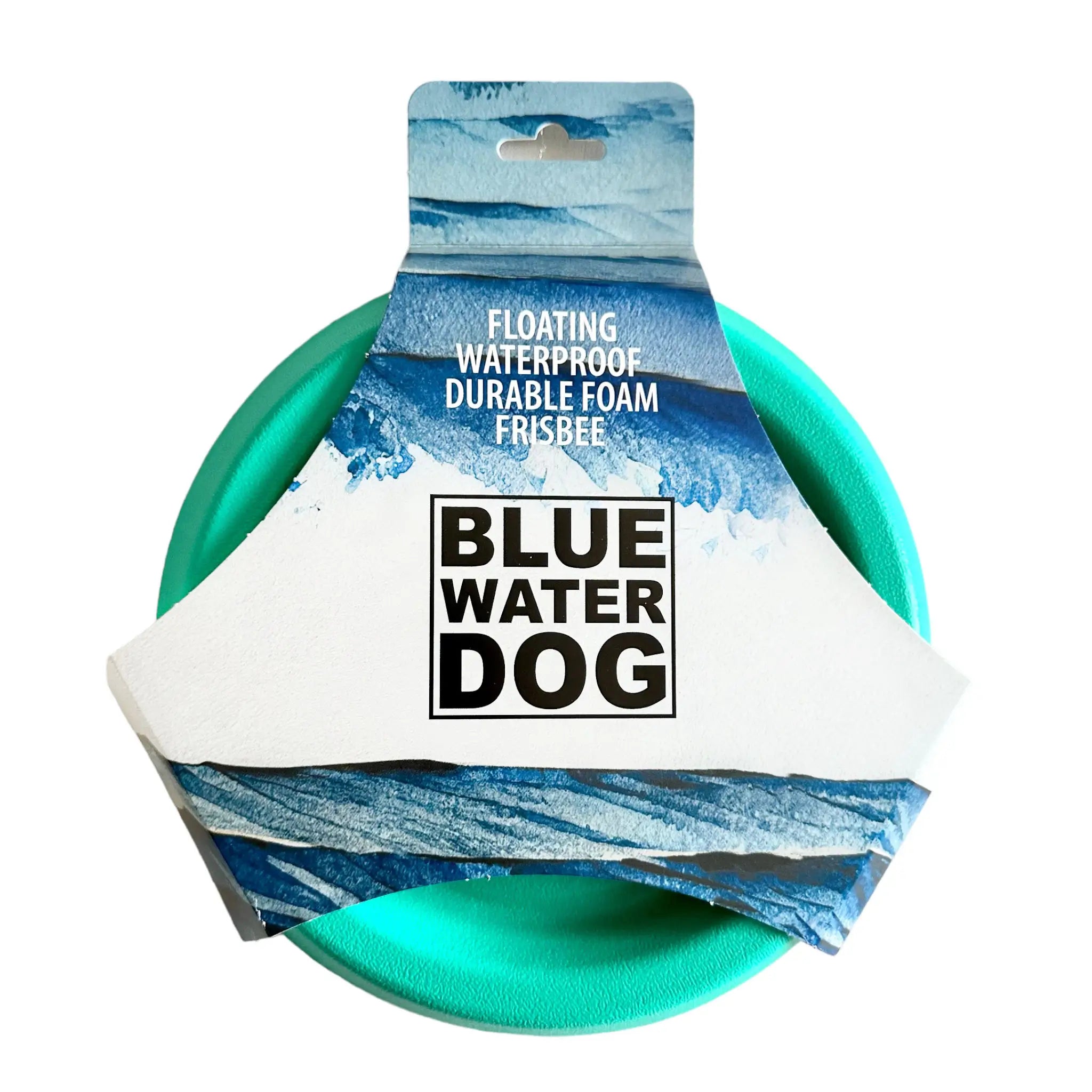 Teal dog frisbee in packaging.