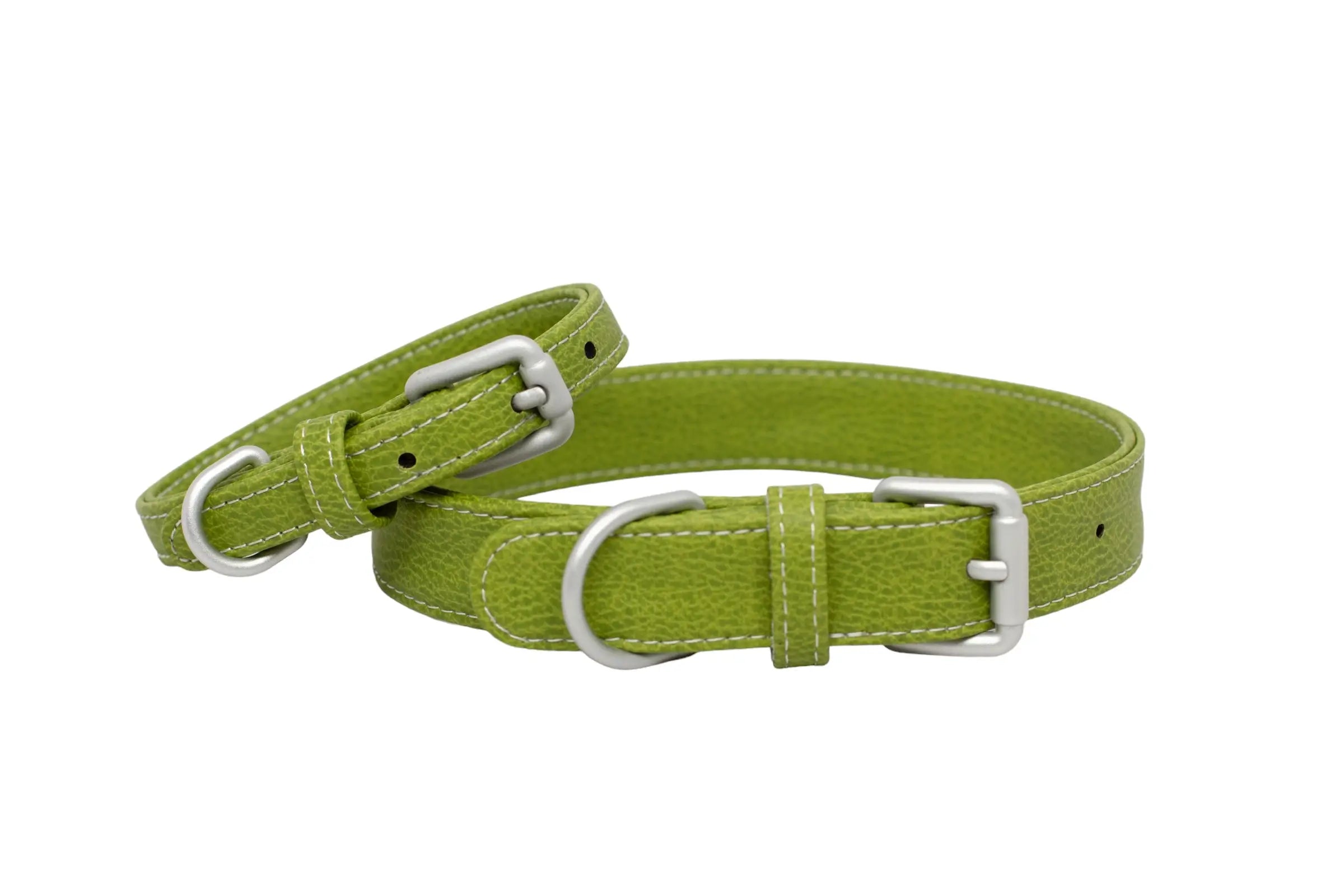 Front of two waterproof and durable dog collars with vegan leather and marine grade anodized aluminum hardware in the color lime green.