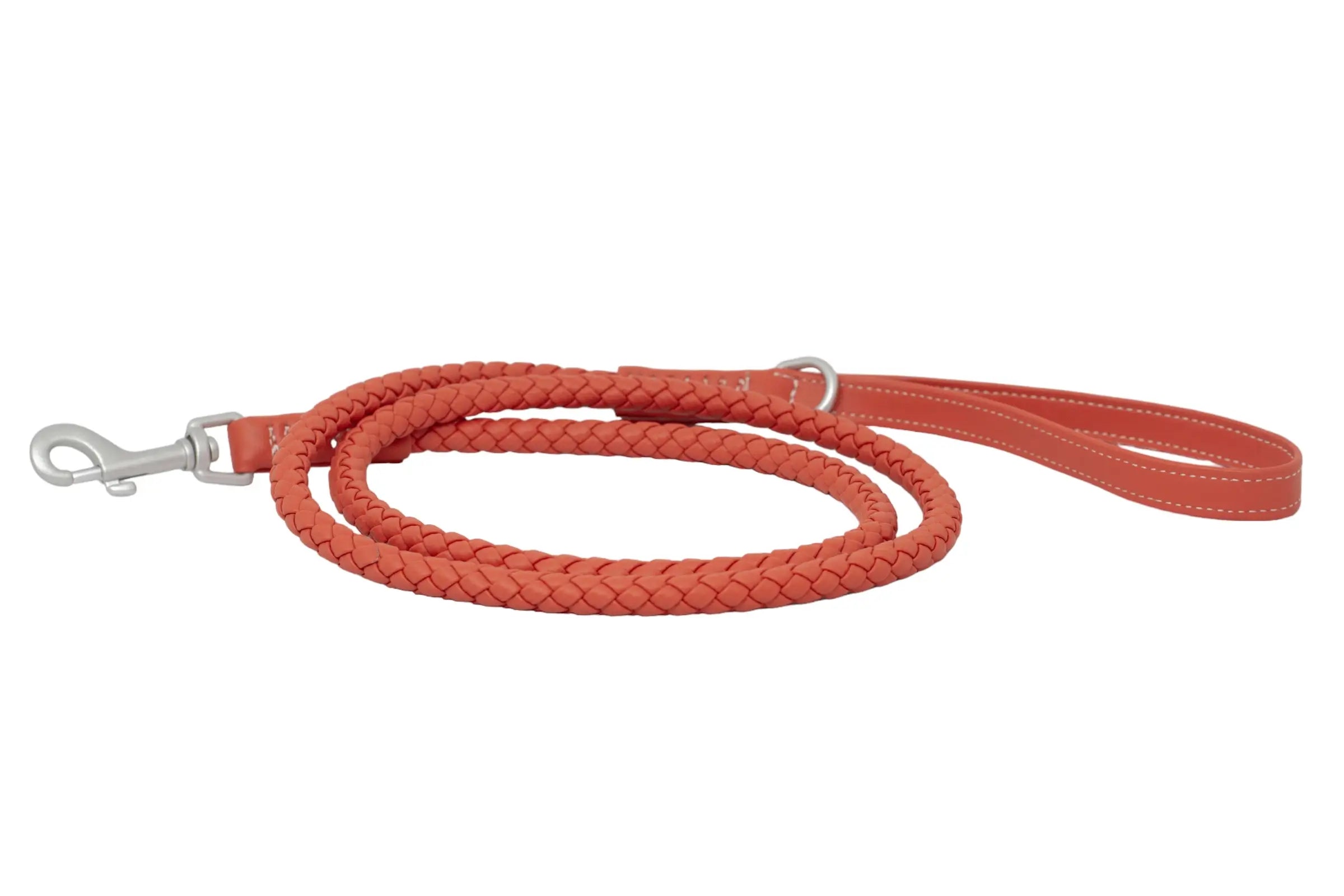 Close up of a waterproof and durable dog leash with marine grade anodized aluminum hardware in the color strawberry.