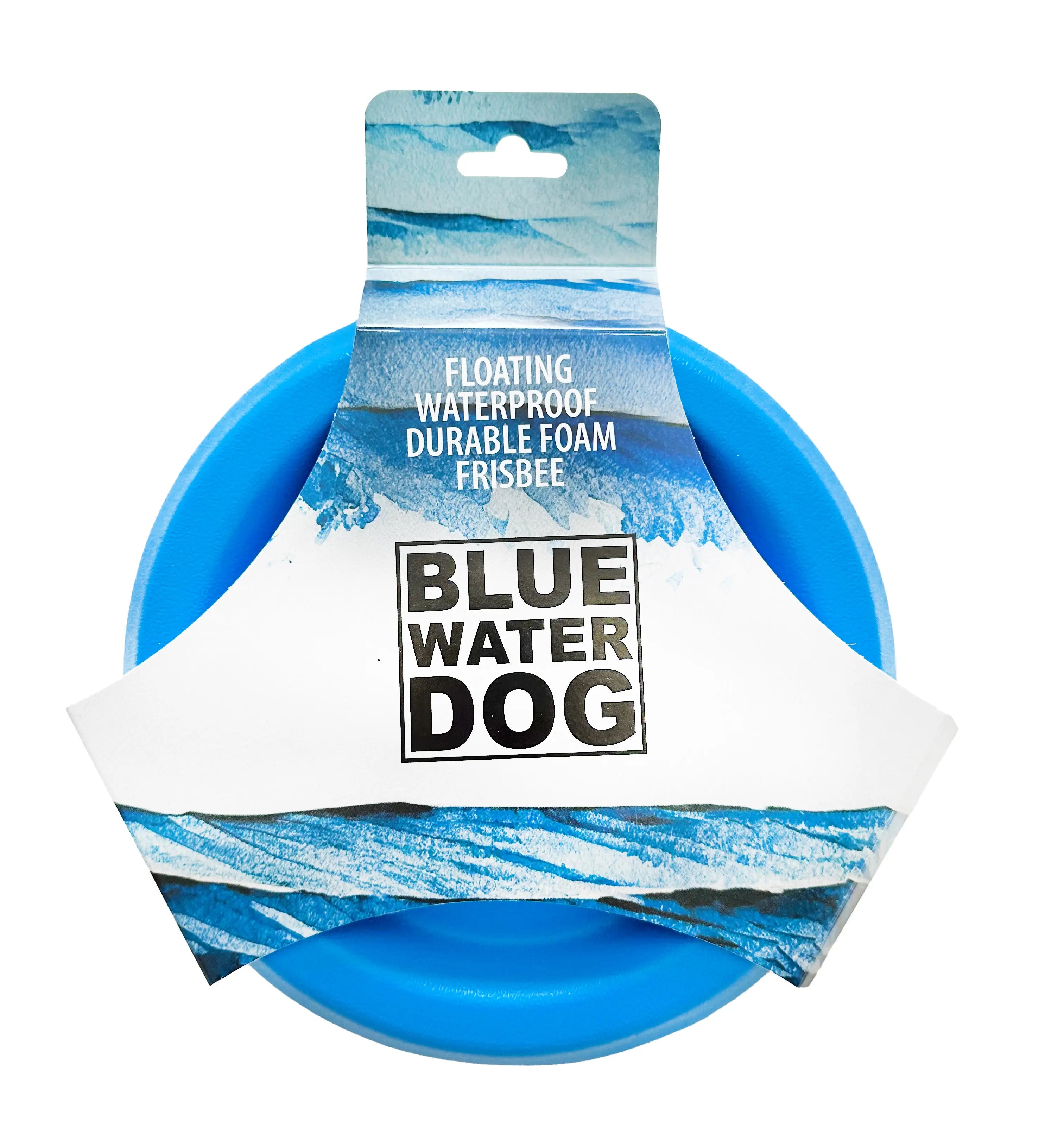 Blue dog frisbee in packaging.