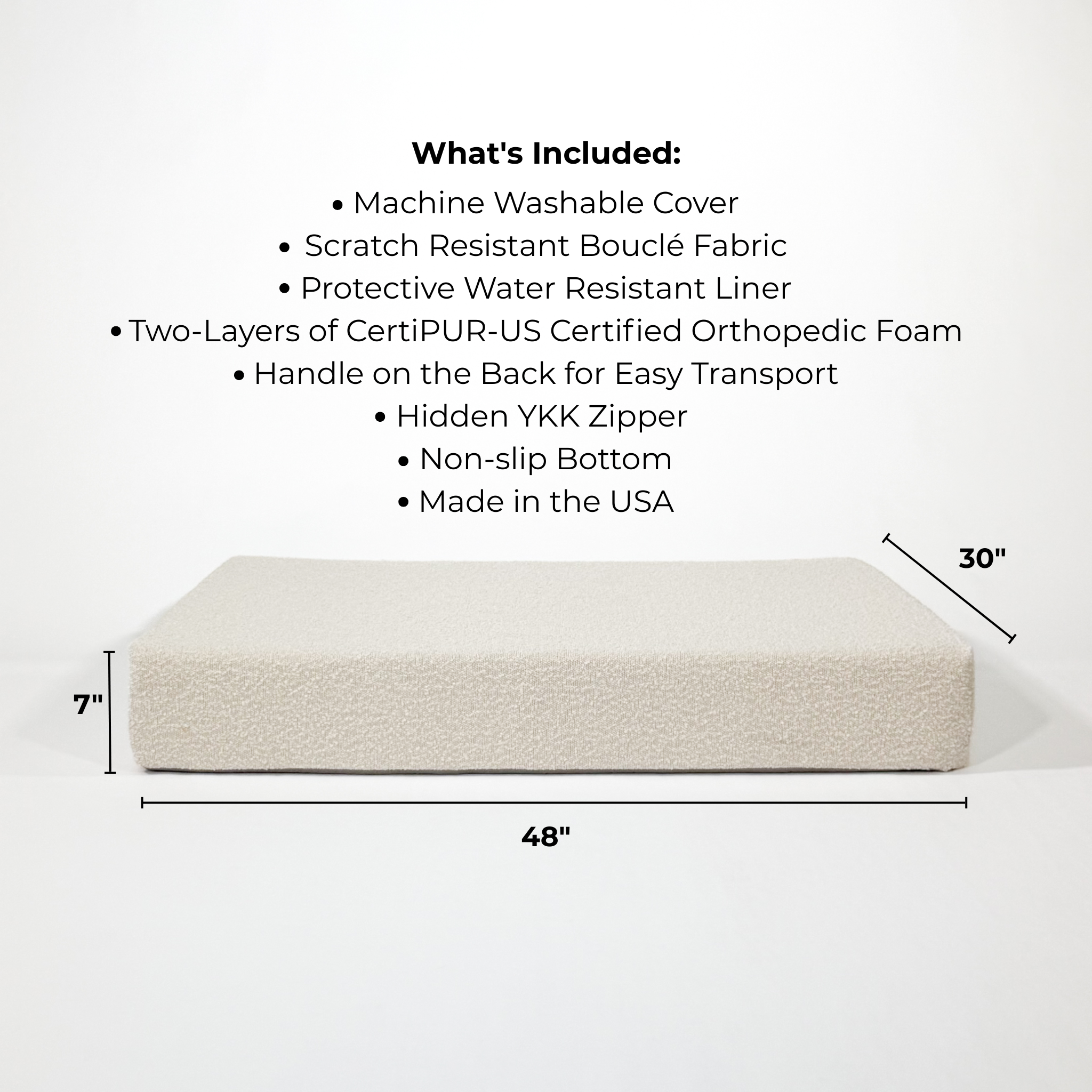 Cushion dog bed with dimensions and features listed on a white background