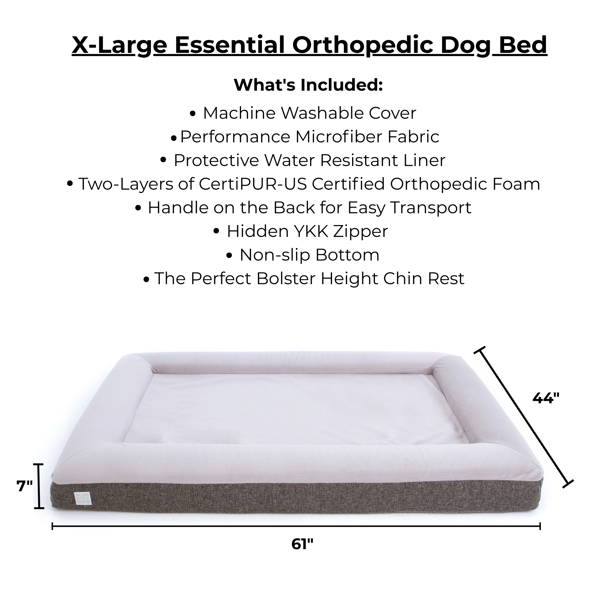 X-Large Essential Orthopedic Dog Bed with dimensions and features listed on a white background