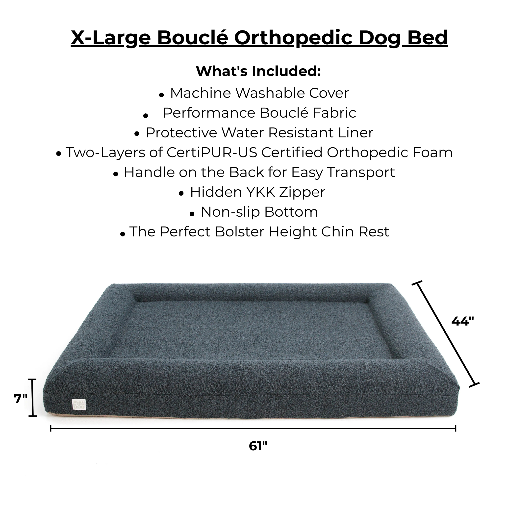 X-Large Bouçlé Orthopedic Dog Bed with features listed and dimensions shown.