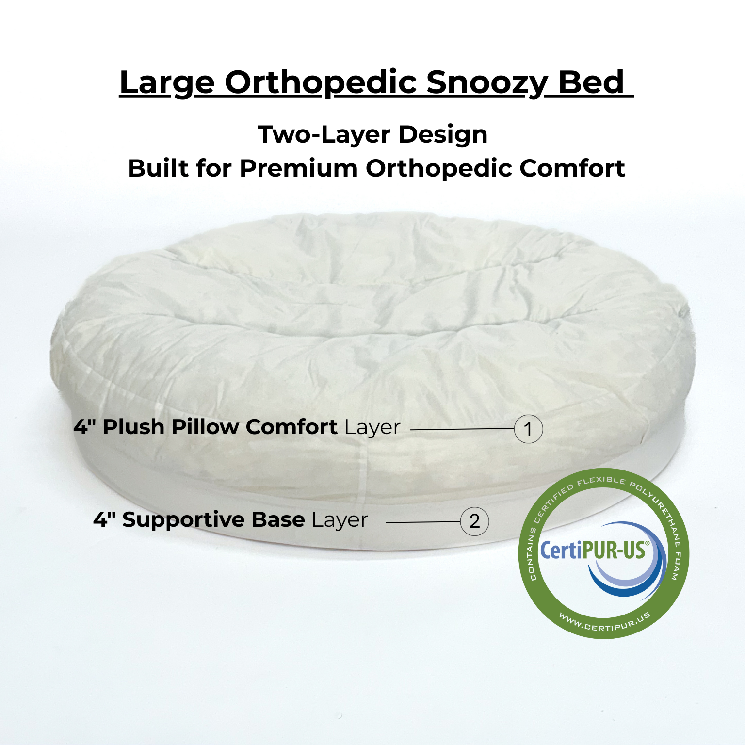Large Orthopedic Snoozy Bed with two-layer design on a white background, featuring CertiPUR-US certification.