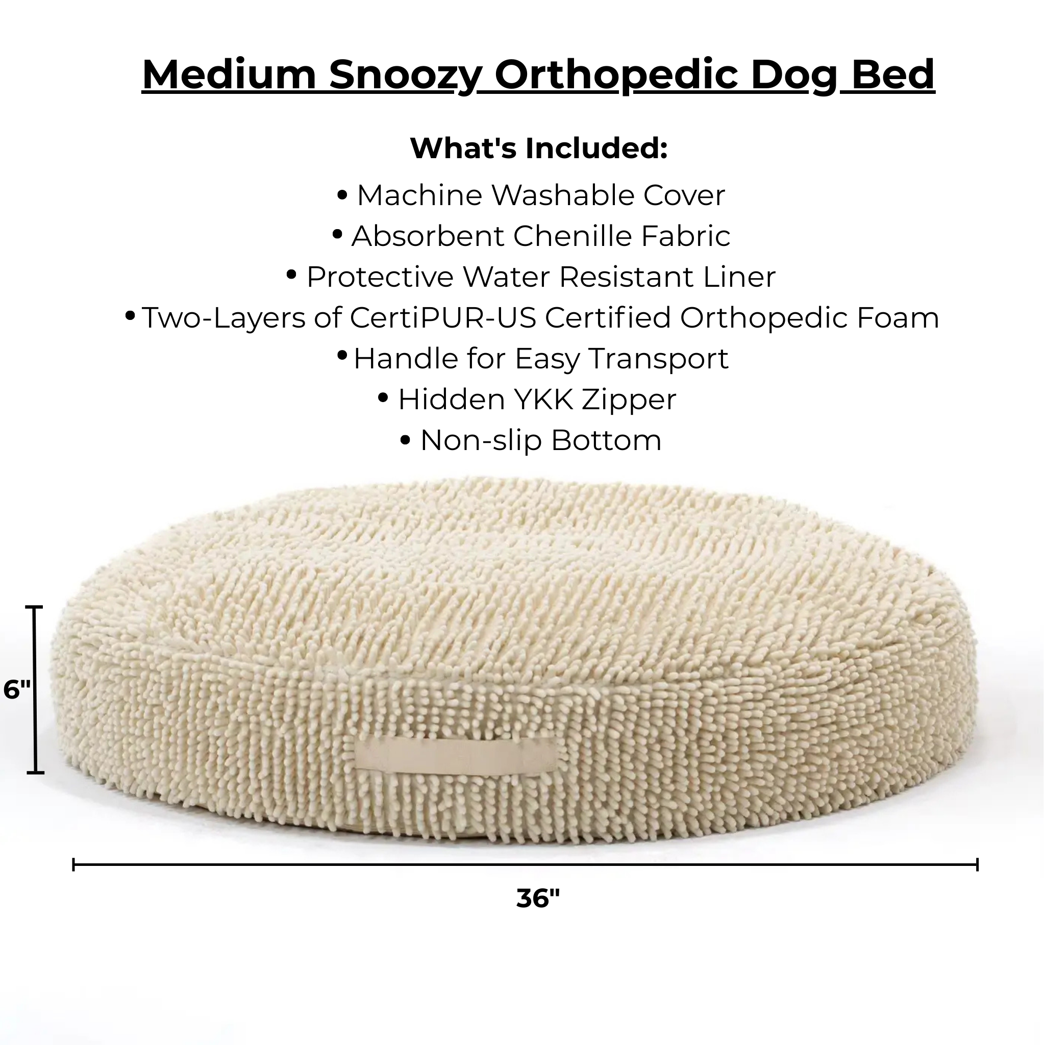 Snoozy orthopedic dog bed with dimensions and features listed on a white background