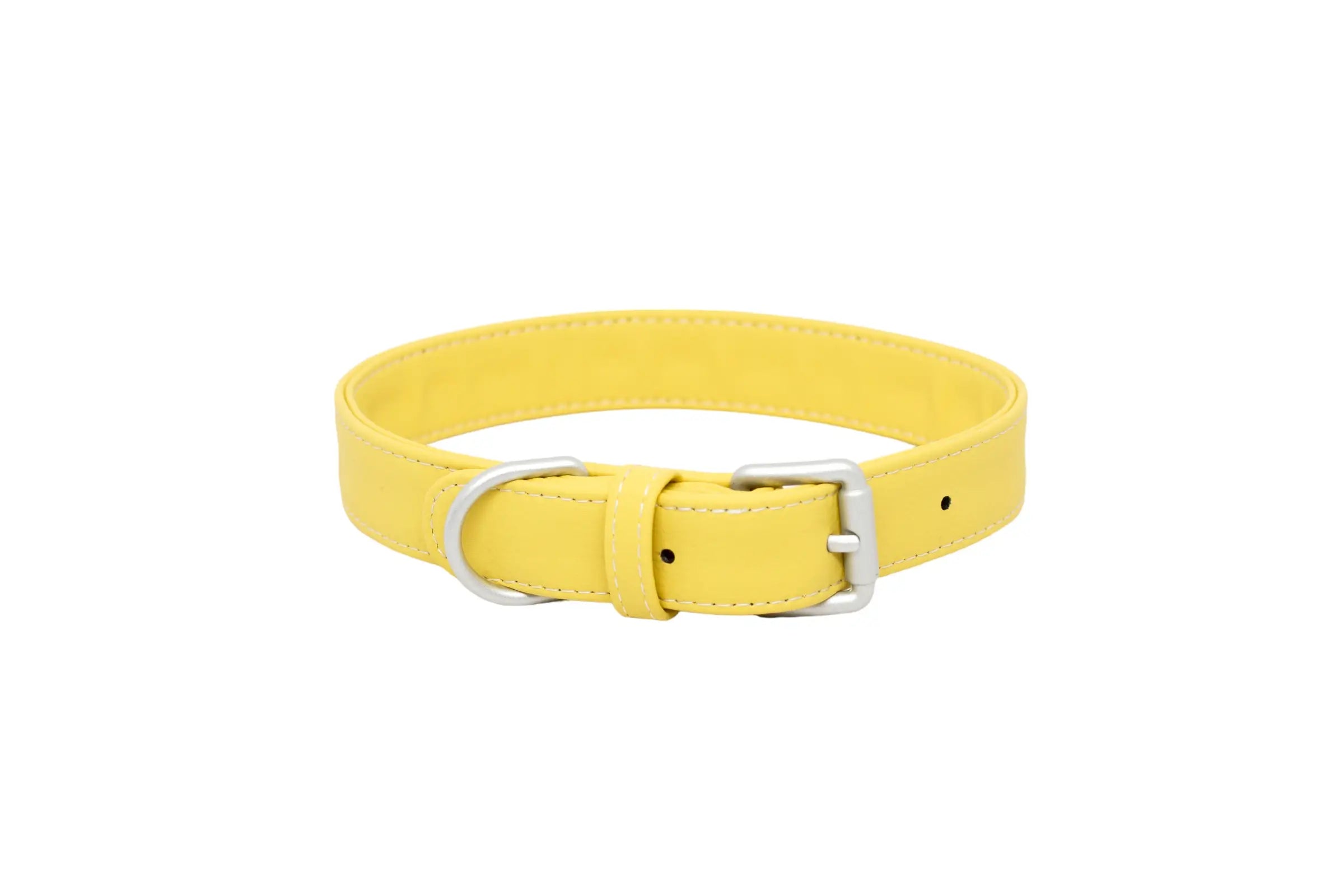 Front of a waterproof and durable dog collar with marine grade anodized aluminum hardware in the color honey yellow.