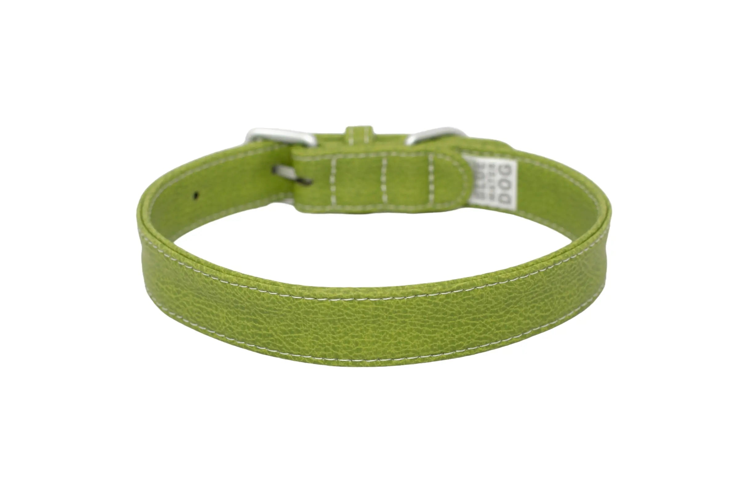 Back of a waterproof and durable dog collar with vegan leather and marine grade anodized aluminum hardware in the color lime green.