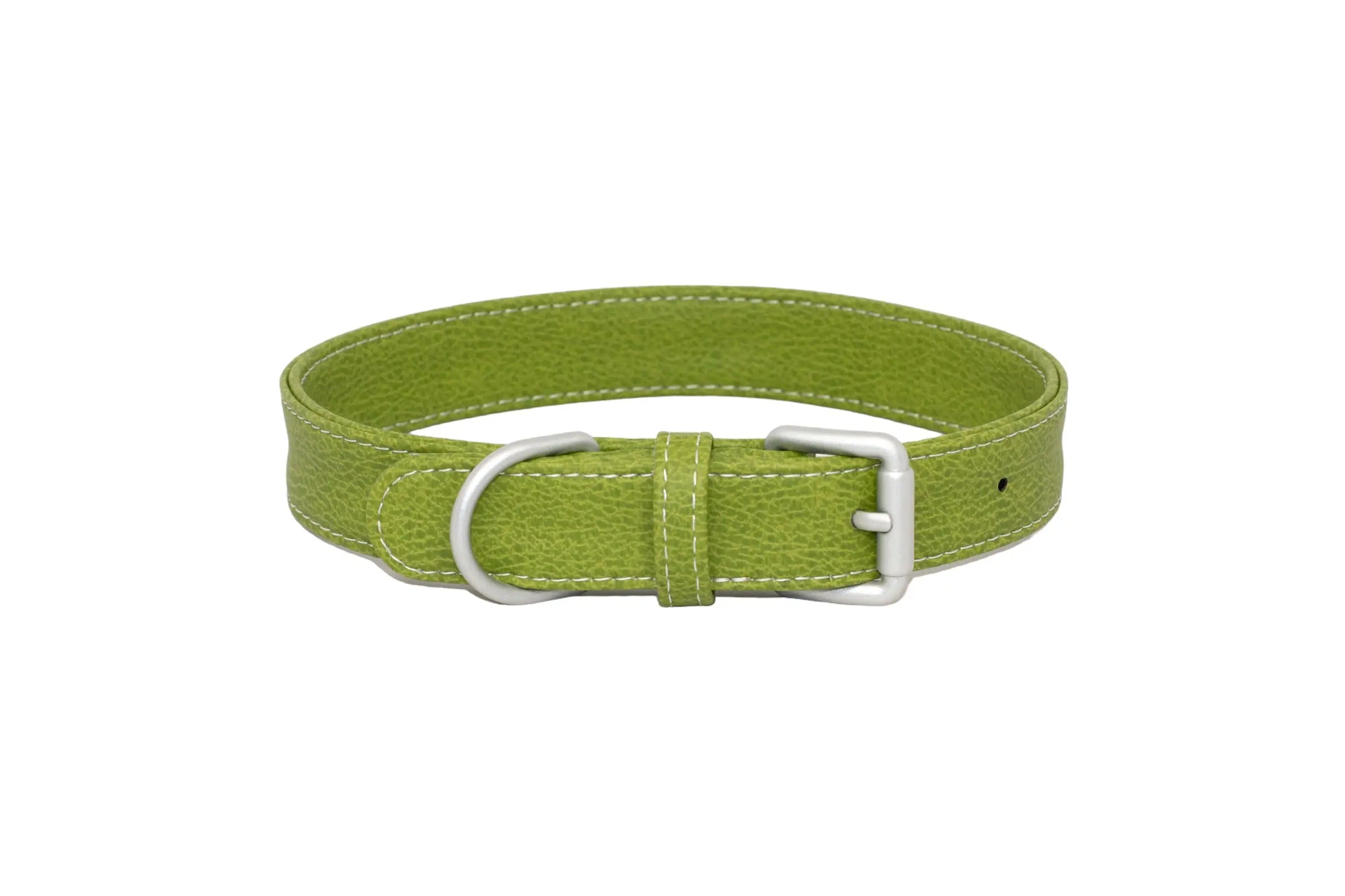Front of a waterproof and durable dog collar with marine grade anodized aluminum hardware in the color lime green.