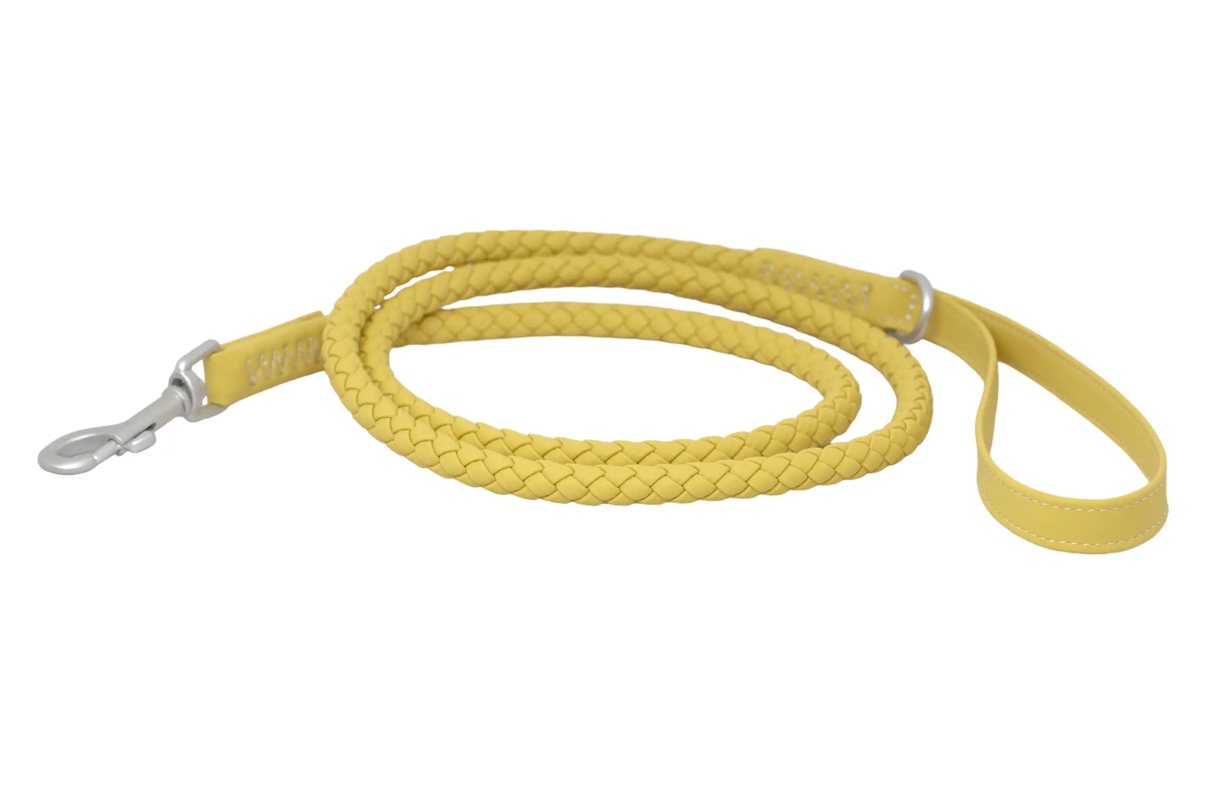 Front of a waterproof and durable dog leash with marine grade anodized aluminum hardware in the color honey yellow.