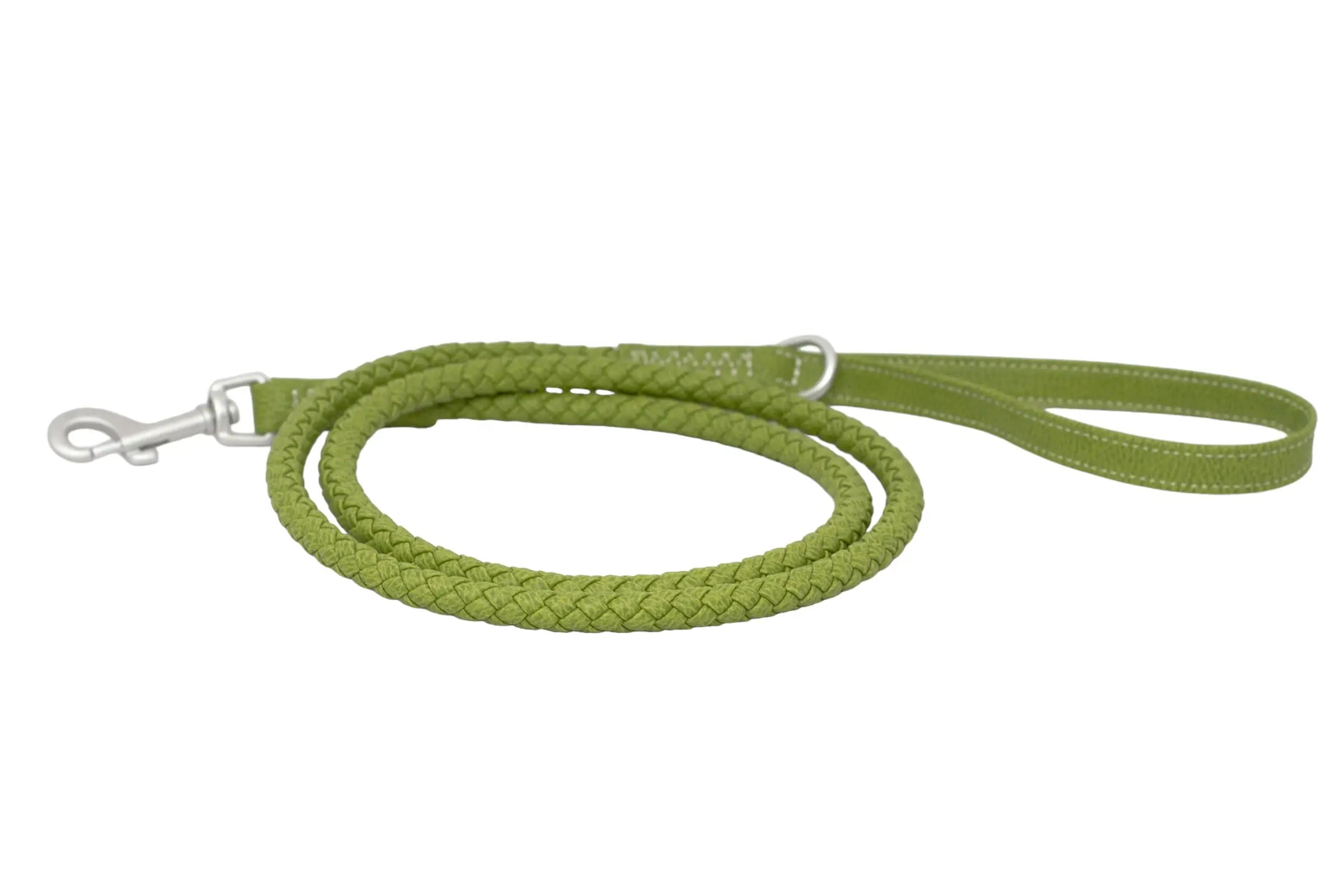 Front of a waterproof and durable dog leash with marine grade anodized aluminum hardware in the color lime green.